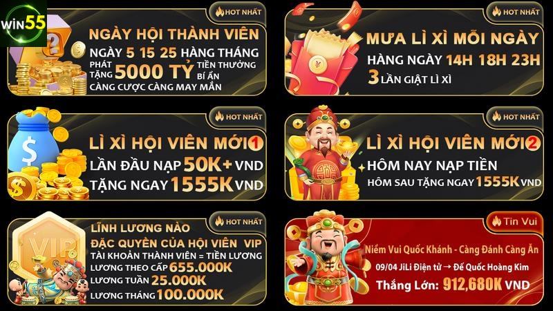 Ưu đãi win55 hấp dẫn chờ đón tân binh mới